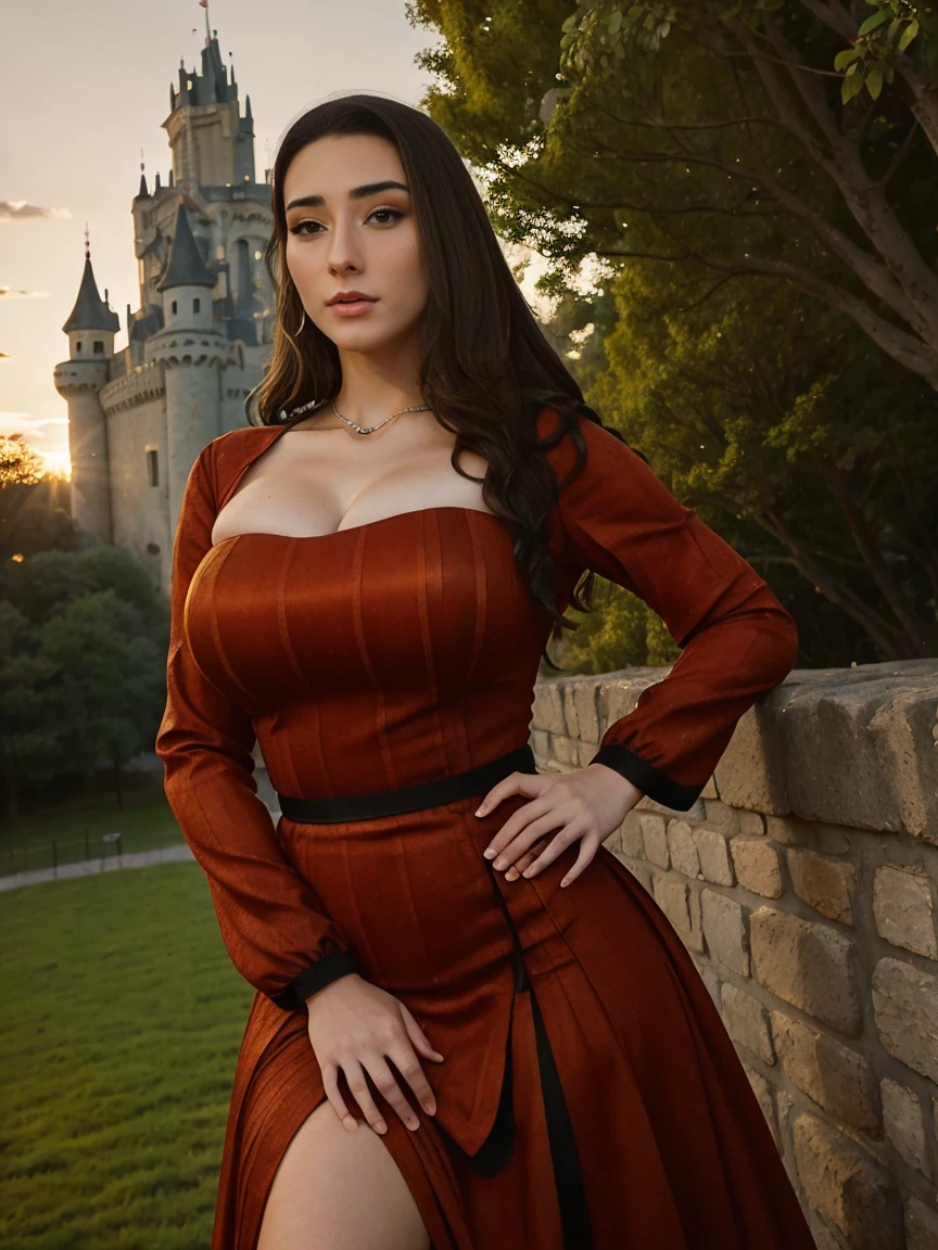 Beautiful and regal, imperious and aloof, busty athletic (thin) brunette queen with sharp facial features wearing a modest updo, dark red medieval dress, long sleeves, intricate patterns, embroidery, wide neck, crown, veil, long dress, tight bodice, silver (waist chain), medieval jewelry, Middle Ages, castle, rampart, wall, exterior, on top of a castle wall, trees, countryside, evening, sunset.