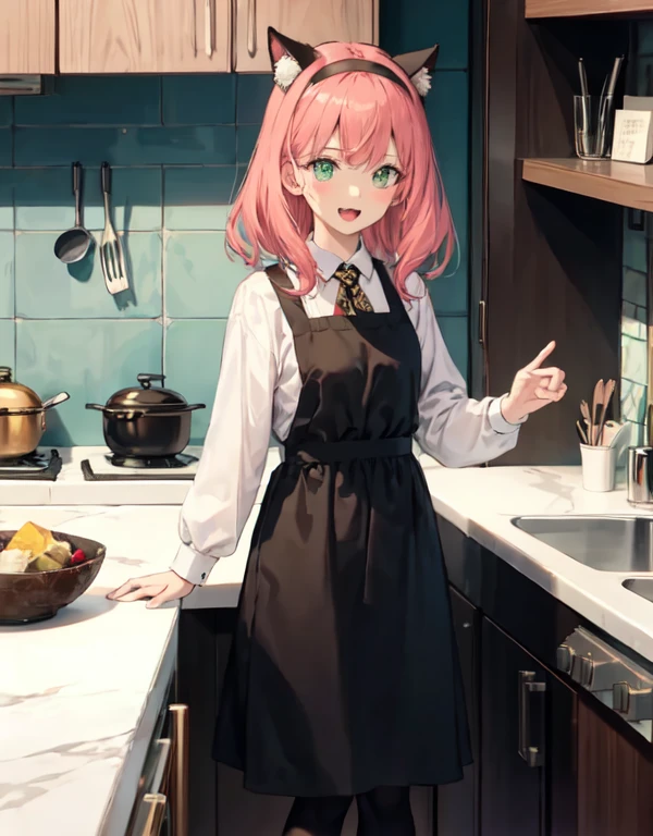 1girl, Imagine Anya Forger as an adult, (27 years old:1.5), Pink hair, green eyes, lukewarm smile, blushing cheeks, black dress with white collar, black tights, white apron, black and gold cat ears headband, high heels, indoors, kitchen, standing, leaning behind kitchen counter, looking at the viewer, open mouth
