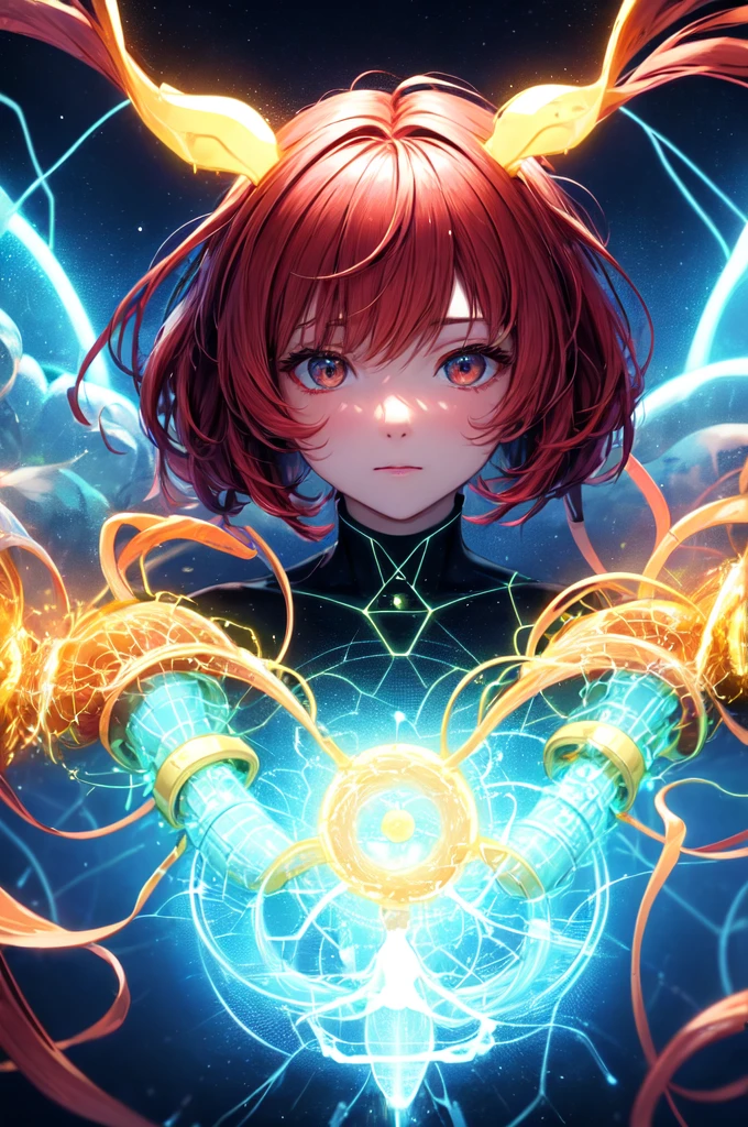 In an atmospheric and ethereal portrait, a paranormal luminescent neural network takes center stage. Image, amazingly detailed photo, reflects the interaction of mystical glow and advanced technology. Neural network floats in limbo, her circuits pulsate with an otherworldly light, as if there was a sentient being living inside. Threads of red-hot energy intertwine, creating a mesmerizing glow, which illuminates the environment. Flawless image quality clearly reveals complex network structure, inviting viewers to ponder the mysterious secrets, which it stores, red hair long pig tails.