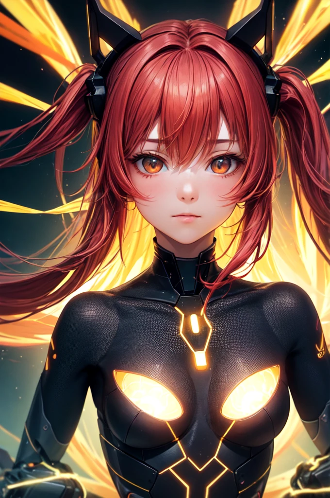 In an atmospheric and ethereal portrait, a paranormal luminescent neural network takes center stage. Image, amazingly detailed photo, reflects the interaction of mystical glow and advanced technology. Neural network floats in limbo, her circuits pulsate with an otherworldly light, as if there was a sentient being living inside. Threads of red-hot energy intertwine, creating a mesmerizing glow, which illuminates the environment. Flawless image quality clearly reveals complex network structure, inviting viewers to ponder the mysterious secrets, which it stores, red hair long pig tails.