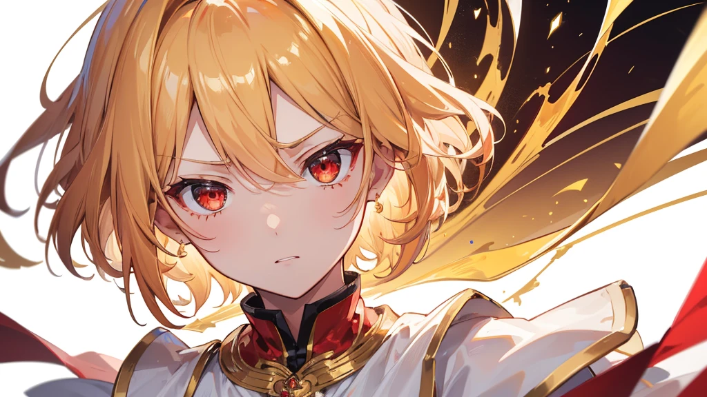 (Highest quality) (4K) (8k) (High resolution) (masterpiece:1.2) (Super detailed) One boy short hair emperor Red eyes Long sleeve Golden decoration Hair between the eyes White Dress Wavy golden hair Upper Body (White Background) front Face close-up Get angry