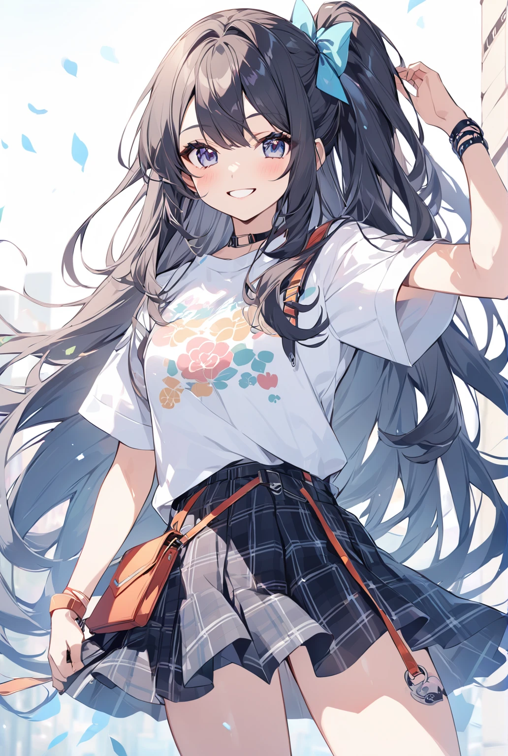 (anime style),masterpiece, best quality, extremely detailed,18Year old,tanned skin,dark skin, Beautiful body,middle breasts,BREAK,multicolored colorful black hair,absurdly long hair,for head,BREAK,black eyes,best smile,open mouth,detailed lips,BREAK,cotton black big ribbon,BREAK,rippedoversized school sweater、tartan check Skirt,break,head tilt,