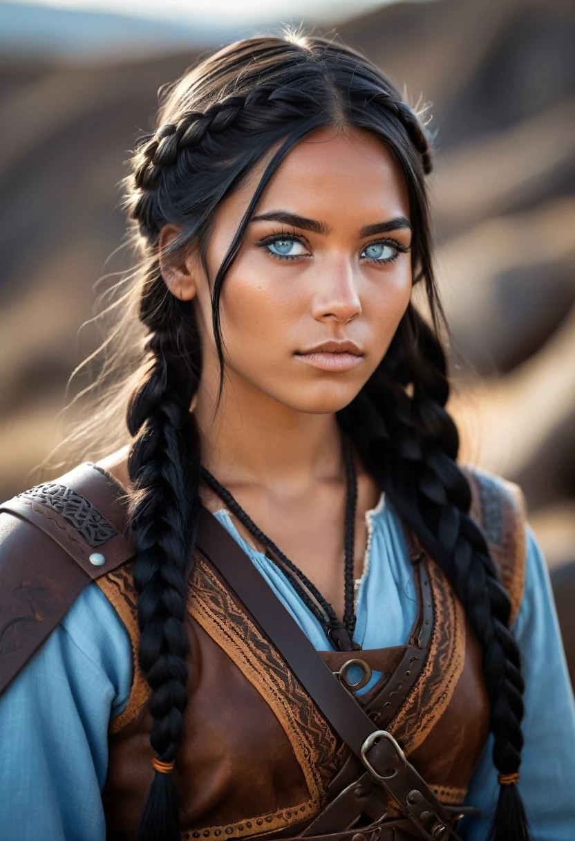I want you to create a character. She is a young 25-year-old woman with the typical characteristics of the Apache people. Her long, straight black hair, which is braided, frames a face with tanned skin, common among her people. His light blue eyes contrast with the color of his skin, creating a penetrating and expressive look. She wears a traditional Viking outfit, with brown colors and black leather, and she is a warrior.