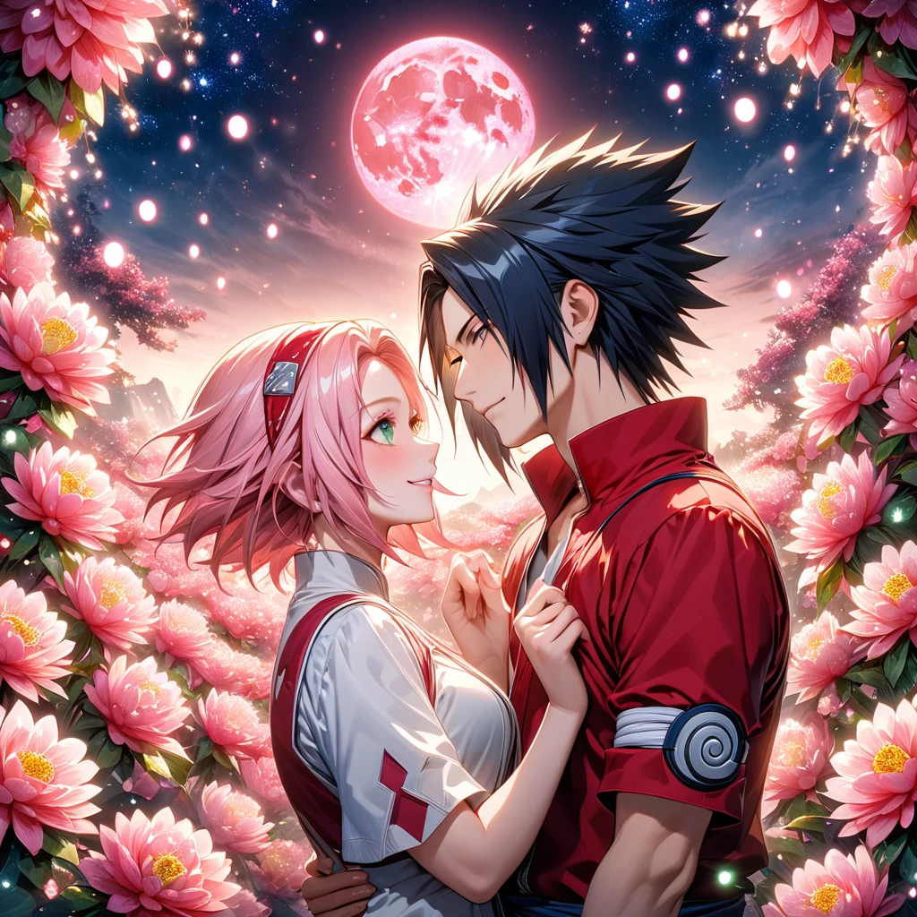 absurdres, highres, ultra detailed, HDR, master piece, best quality, extremely detailed, Uchiha Sasuke, black hair, expressive red eyes, Naruto Shippuden, Haruno Sakura, pink hair, expressive green eyes, handsome man together with a beautiful woman, couple, smile, white shirt, red shirt, fantasy, sparkling, pink glittering fireflies, pink moon, pink blossoms, pink chrysanthemums, pink sparkling lights, starry sky, magical