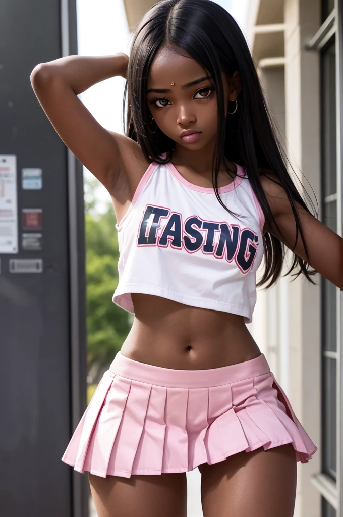 1 hot girl, dark skin, black eyes, ahegao, african, long hair, school girl, young teen, small breasts, navel, exposing clothes, cheerleader, hand behind head, armpits, tight body, big lips, pink backgroung