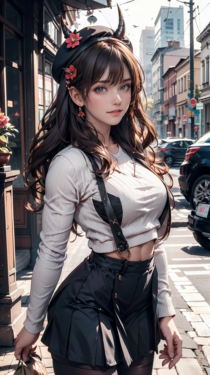 masterpiece, Highest quality, High resolution, Himsul 1, Horned hat, hair flower, x Hair accessories, White sweater, Purple Jacket, flower, Long sleeve, Open clothes, Black Bow, Sleeves are longer than the wrist, skirt, Cowboy Shot, Outdoor, street, Are standing、24-year-old woman、Sexy proportionature female body、Sexy proportionakeup、Textured skin((textured skin))、smile、Narrow waist、Inner Color((colored inner hair))、Vertical roll on one side((side drill))、Background blur((depth of field))、Aerial perspective((atmospheric perspective))
