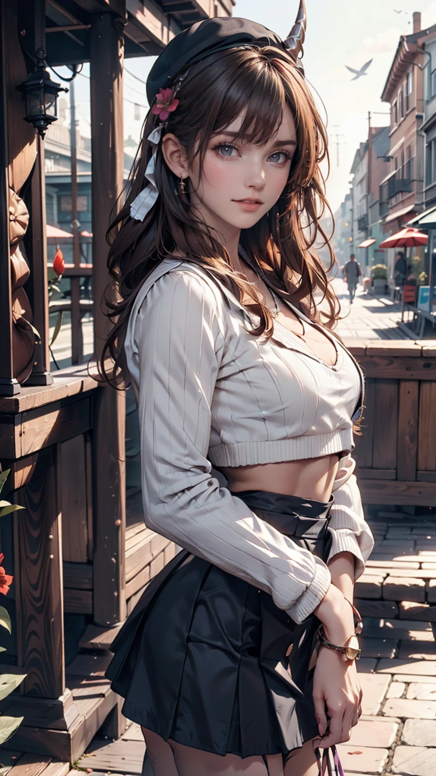 masterpiece, Highest quality, High resolution, Himsul 1, Horned hat, hair flower, x Hair accessories, White sweater, Purple Jacket, flower, Long sleeve, Open clothes, Black Bow, Sleeves are longer than the wrist, skirt, Cowboy Shot, Outdoor, street, Are standing、24-year-old woman、Sexy proportionature female body、Sexy proportionakeup、Textured skin((textured skin))、smile、Narrow waist、Inner Color((colored inner hair))、Vertical roll on one side((side drill))、Background blur((depth of field))、Aerial perspective((atmospheric perspective))