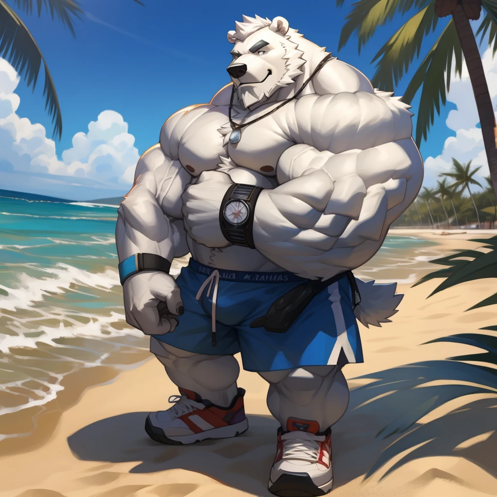 huge muscular polar bear in L.A. Beach, big smirk, polar bear, huge white fur, thick arm, huge arm, bearded, white hair and beard, bearded, (muscular, pectoral, wide pectoral, thick arms), beach, palm, realistic, 8k, masterpiece, (wearing white shorts, wristband, watch and shirtless, shoes), correct anatomy, good anatomy