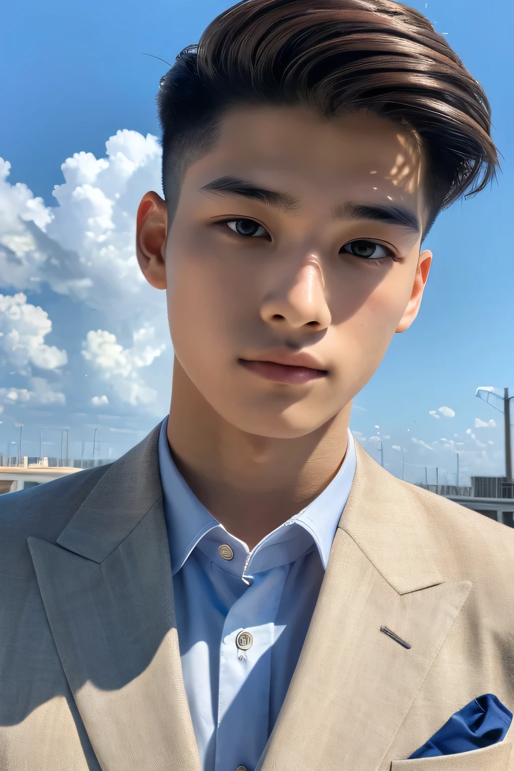 Highest quality, masterpiece, Ultra-high resolution, (Realistic: 1.4), Original photo, wallpaper, Head Photo, skin, Simple Background, Iris, detailed, Selfie, 1 boy, 18-year-old, good looking, Wind,suit