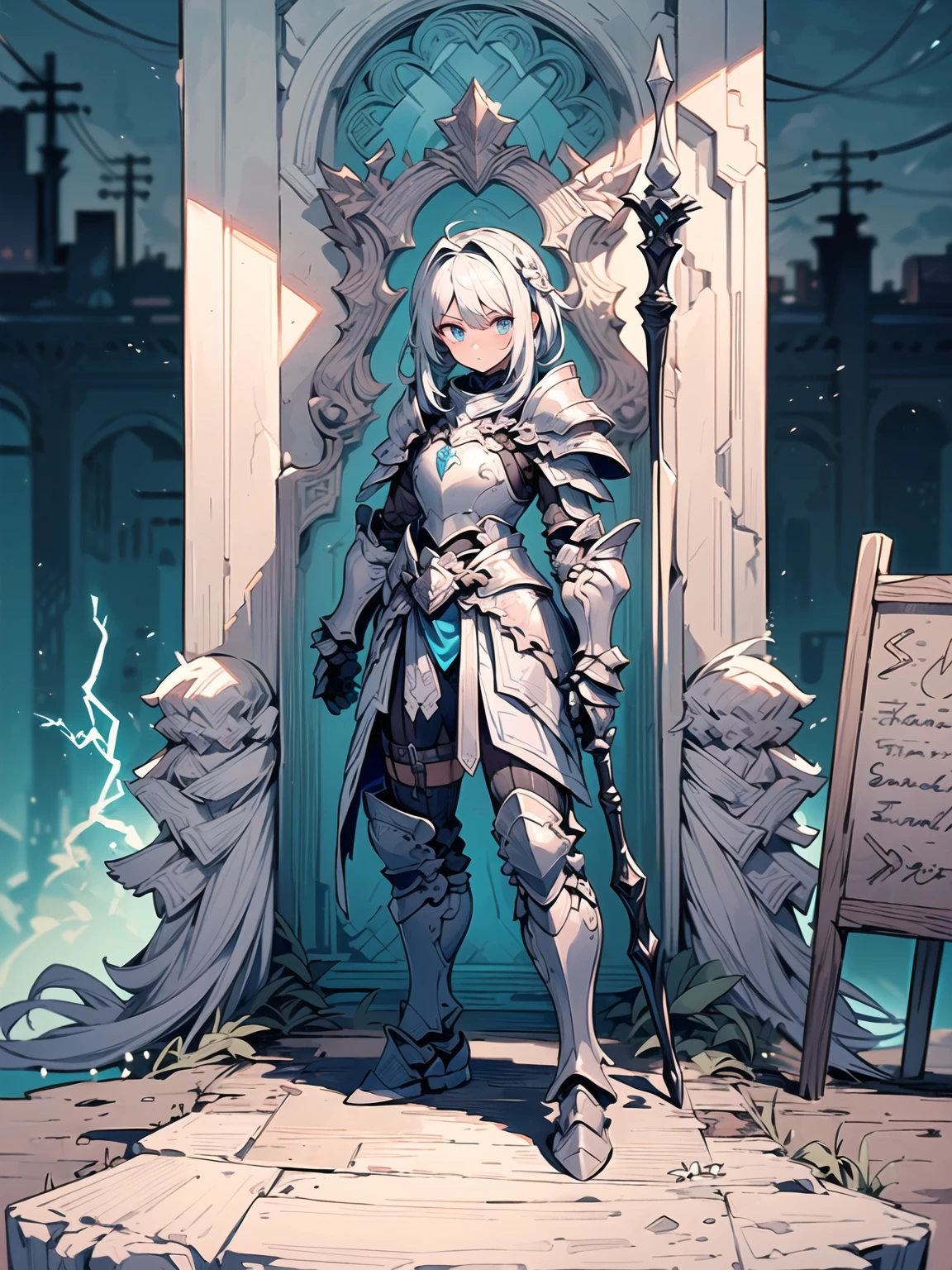 (((masterpiece, best quality, high detailed, 8k))) Design a layout showcase Gaming character, (1girl). Silver|Blue armor, stylish and unique. ((showcase weapon:1.4)), lightning rod. (masterpiece:1.2), (best quality), 4k, ultra-detailed. (Step by step design, layout art:1.5), (luminous lighting, atmospheric lighting). storm mage, ((glove full hands)), (((revealing armor:1.3))), vambraces, armored legwear, (((full_body_shot:1.4))). {During a thunderstorm}.