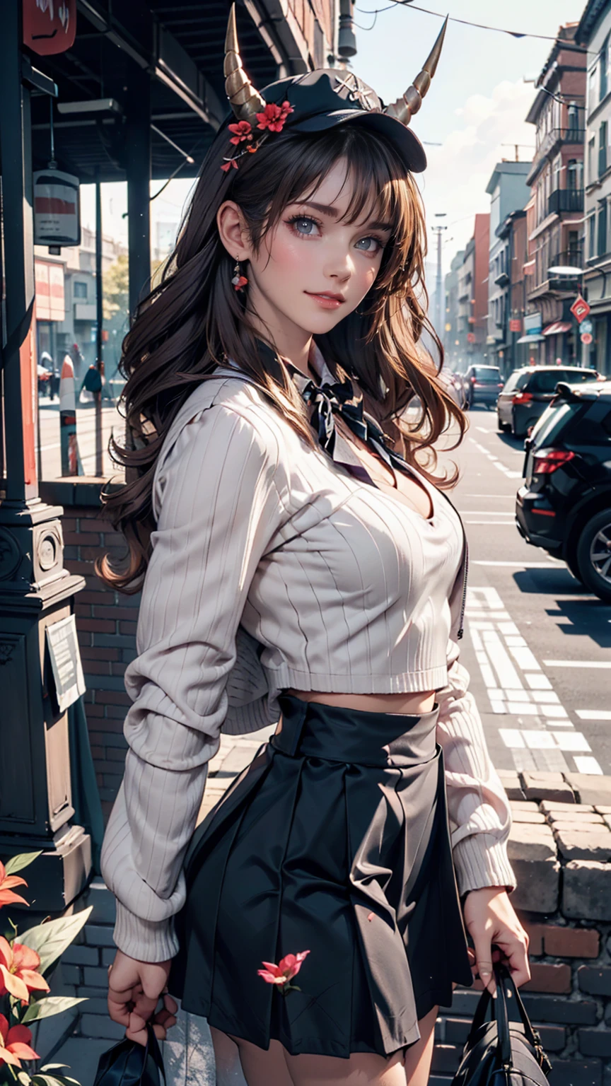 masterpiece, Highest quality, High resolution, Himsul 1, Horned hat, hair flower, x Hair accessories, White sweater, Purple Jacket, flower, Long sleeve, Open clothes, Black Bow, Sleeves are longer than the wrist, skirt, Cowboy Shot, Outdoor, street, Are standing、24-year-old woman、Sexy proportionature female body、Sexy proportionakeup、Textured skin((textured skin))、smile、Narrow waist、Inner Color((colored inner hair))、Vertical roll on one side((side drill))、Background blur((depth of field))、Aerial perspective((atmospheric perspective))