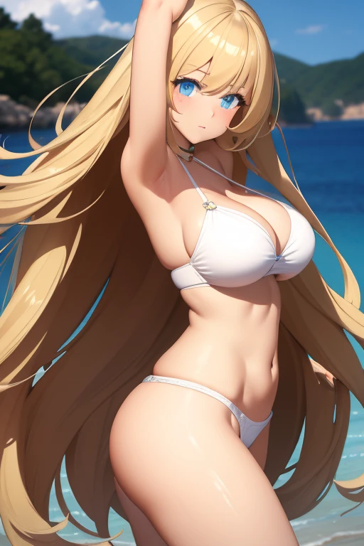 1girl, Long Hair, Blonde Hair, Blue eyes, Large breasts, big thighs,white bikini, wet, showing big ass