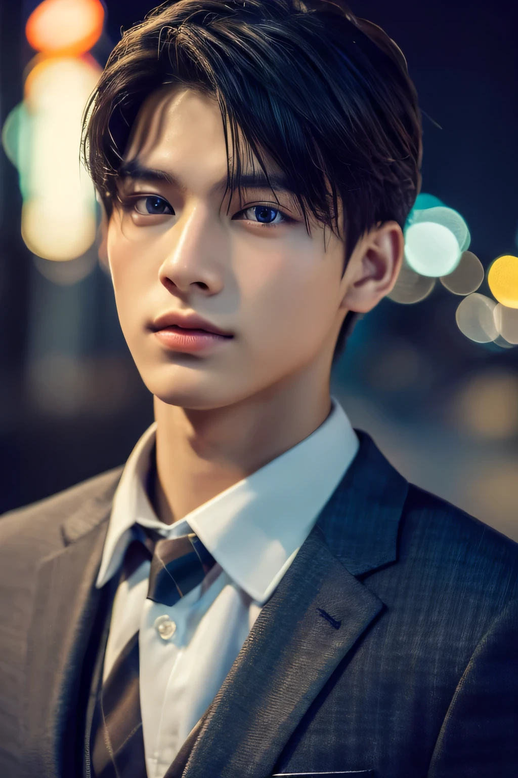 Highest quality, masterpiece, Ultra-high resolution, (Realistic: 1.4), Original photo, wallpaper, Head Photo, skin, Simple Background, Iris, detailed, Selfie, 1 boy, 18-year-old, good looking, Wind,night、suit