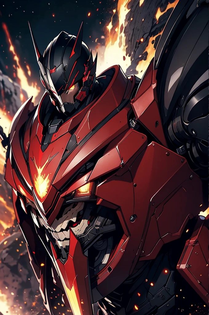 masterpiece, high quality, Big man, red armor, diving tanks, Red eyes, black sclera, SERIOUS LOOK, black trident, advanced age, black hair, strong, great bearing, helmet in hand, space background, planets, visible face