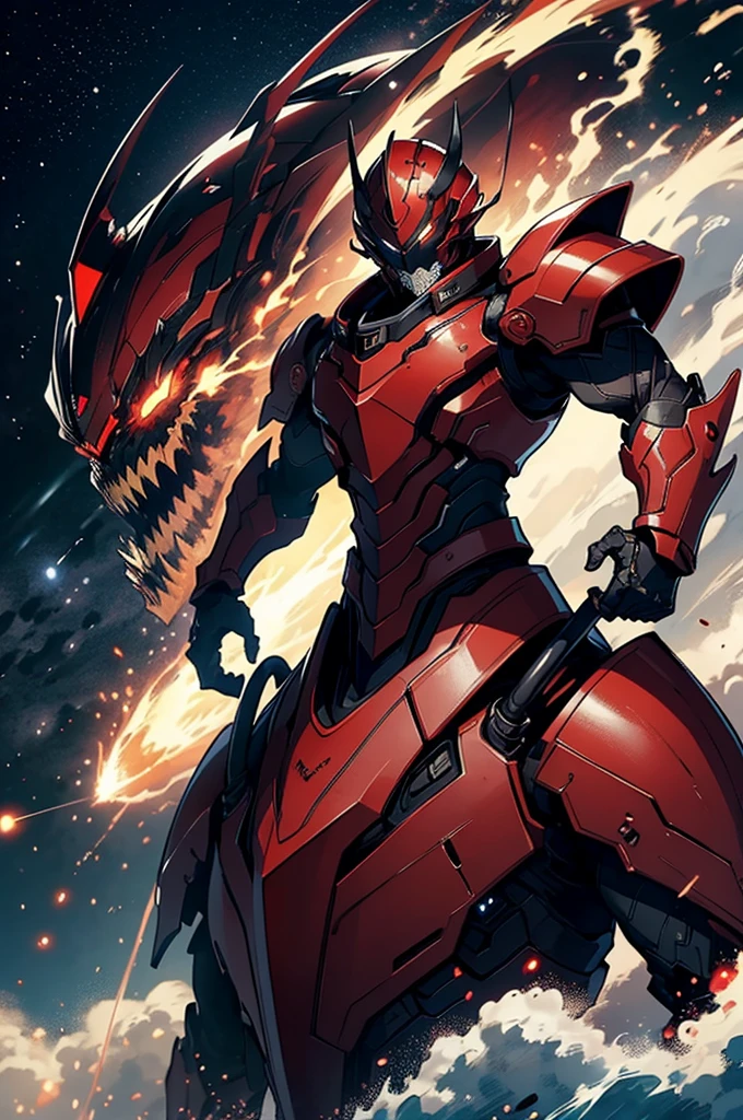 masterpiece, high quality, Big man, red armor, diving tanks, Red eyes, black sclera, SERIOUS LOOK, black trident, advanced age, black hair, strong, great bearing, helmet in hand, space background, planets, visible face