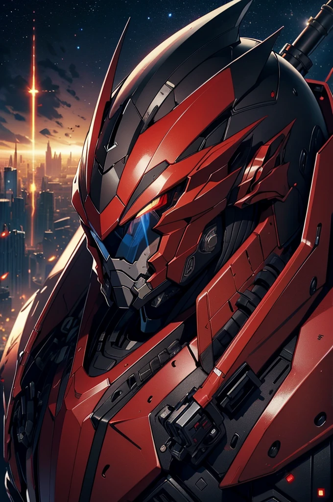 masterpiece, high quality, Big man, red armor, diving tanks, Red eyes, black sclera, SERIOUS LOOK, black trident, advanced age, black hair, strong, great bearing, helmet in hand, space background, planets, visible face