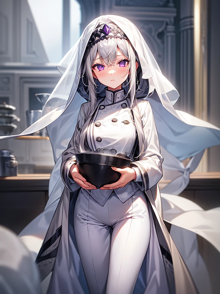 Veil on head, Grey Veil, Gray Hair, Grey White, blonde, alone, One girl, cute, Detailed eyes, Long Hair, Purple eyes, Chef costumes, White jacket, White pants, Gubes&#39;s art style, Arrogant and indifferent girl, Half-squinted, White eyes玉, White eyes, National style, Off-white