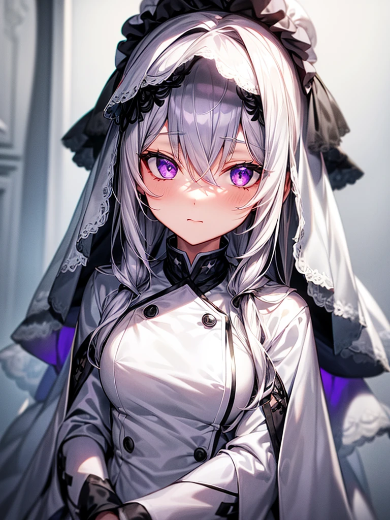 Veil on head, Grey Veil, Gray Hair, Grey White, blonde, alone, One girl, cute, Detailed eyes, Long Hair, Purple eyes, Chef costumes, White jacket, White pants, Gubes&#39;s art style, Arrogant and indifferent girl, Half-squinted, White eyes玉, White eyes, National style, Off-white