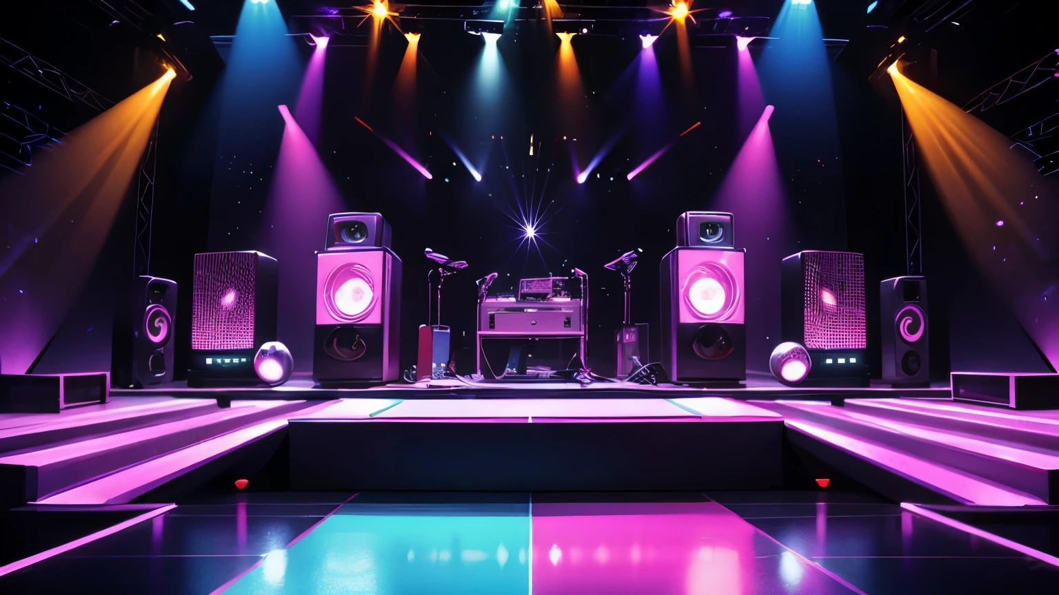 criar um ambiente de disco on 70,80s , eletronic style, stage, lights, power speakers,amplicadores de som,equelizadores, no figures no ambiente, color lights decoration, unique disco
