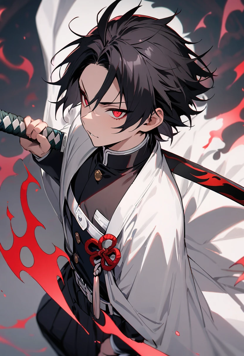 (masterpiece, best quality:1.2), solo, male focus, 1boy, male demon slayer, red eyes, medium length black hair, demon slayer uniform, black jacket, long sleeves, white cape, black and red katana with flame designs