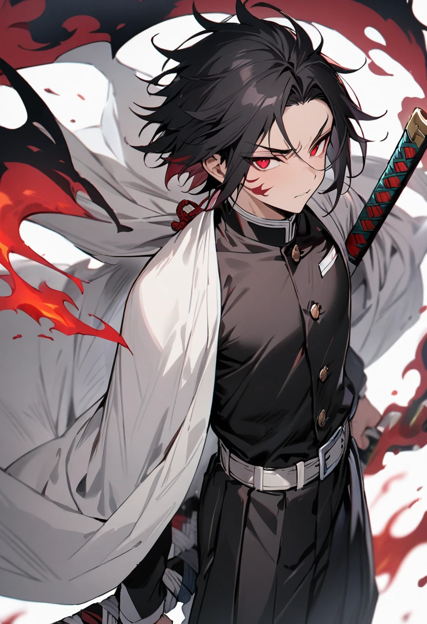 (masterpiece, best quality:1.2), solo, male focus, 1boy, male demon slayer, red eyes, medium length black hair, demon slayer uniform, black jacket, long sleeves, white cape, black and red katana with flame designs