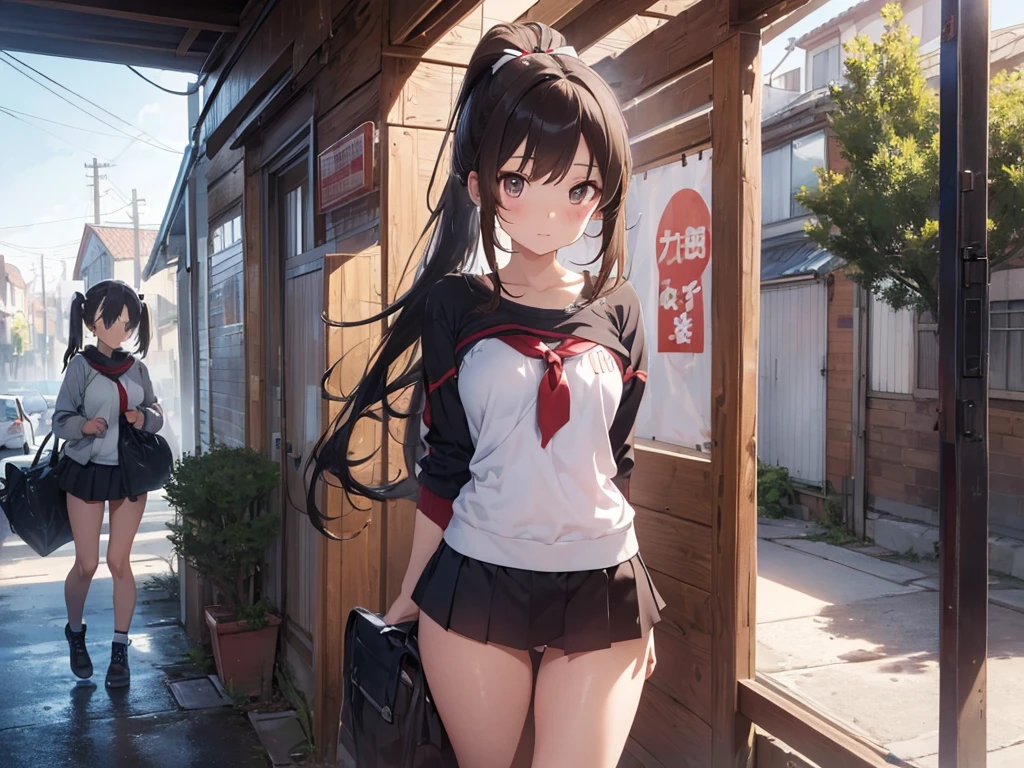 (Best Quality, High quality, masuterpiece:1.2), (illustration:1.3), beautiful detailed face and eyes, Elegant, (Cute:1.2), Woman coming to the meeting point, Mature Woman, 35 year old, Cute, Large breasts, (Slender and sporty body:1.1), Ponytail, Blushing, (nervous:1.1), (Red jacket:1.2), (Black Tank Top Inner:1.1), Bare navel, (Hot Pants:1.1), Black hair, Black eyes, Perspective, Blushing face, (Tokyo Ruins;1.1), Full body, Cowboy Shot, morning, Natural lightt