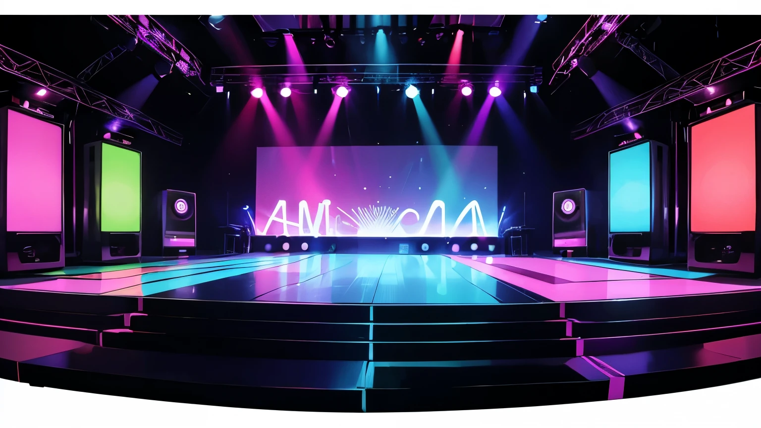 criar um ambiente de disco on 70,80s , eletronic style, stage, lights, power speakers,amplicadores de som,equelizadores, no figures no ambiente, color lights decoration, unique disco