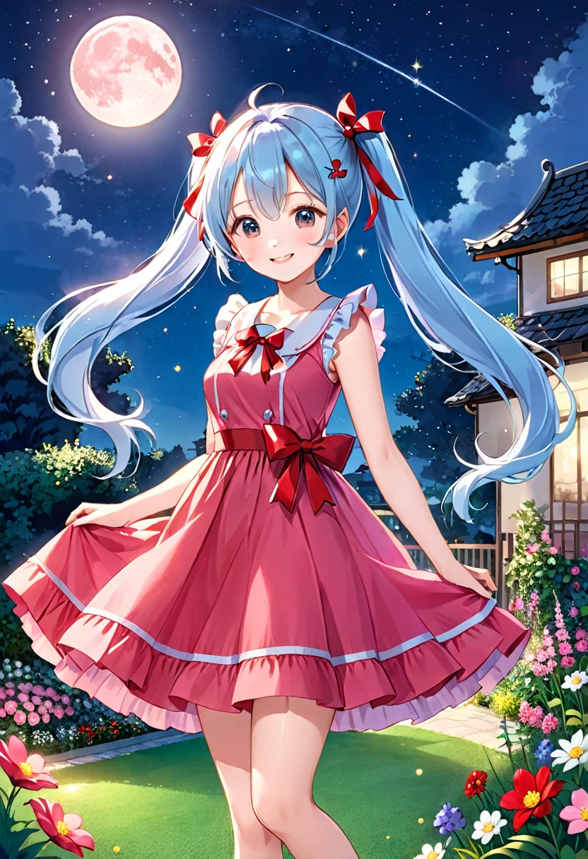 Light blue long hair、Beautiful girl with twin tails、The dress has a cute big red ribbon、Pink Dress、Bright smile、Night Sky、Big Moon、shooting star、Face Highlights、A lawn garden with lots of flowers blooming