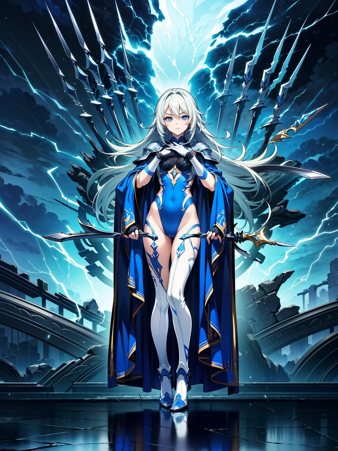 (((masterpiece, best quality, high detailed, 8k))) Design a layout showcase Gaming character, (1girl). Silver|Blue clothes, stylish and unique. ((showcase weapon:1.4)), lightning rod. (masterpiece:1.2), (best quality), 4k, ultra-detailed. (Step by step design, layout art:1.5), (luminous lighting, atmospheric lighting). storm mage, ((glove full hands)), (((revealing clothes:1.3))), vambraces, armored legwear, (((full_body_shot:1.4))). {During a thunderstorm}.
