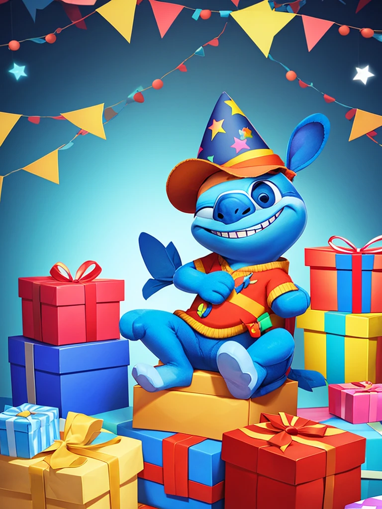 Stitch 3d, sitting down, Grinning, with birthday hat, next to gifts, Background transparent, pixar