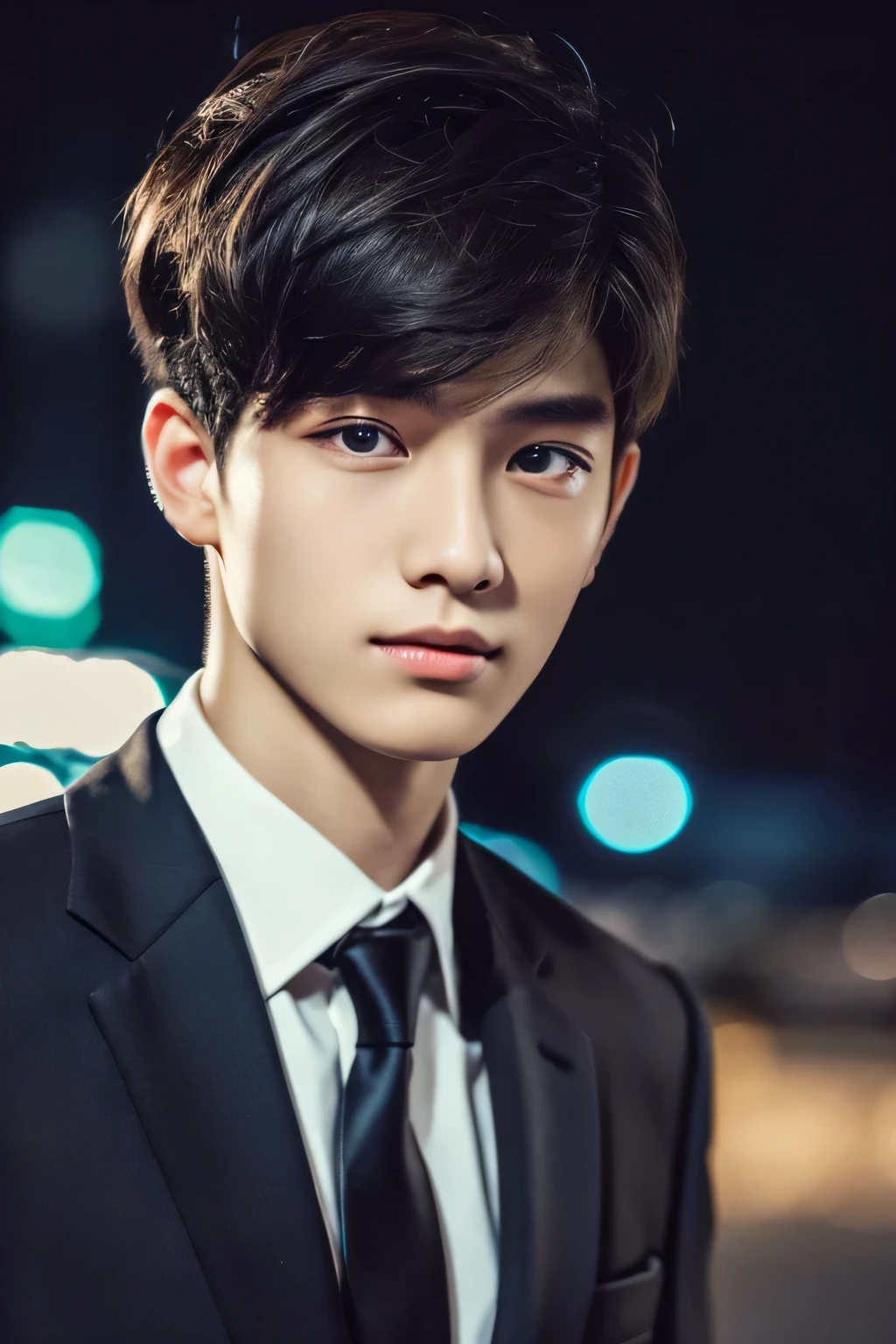 Highest quality, masterpiece, Ultra-high resolution, (Realistic: 1.4), Original photo, wallpaper, Head Photo, skin, Simple Background, Iris, detailed, Selfie, 1 boy, 18-year-old, good looking, Wind,night、suit