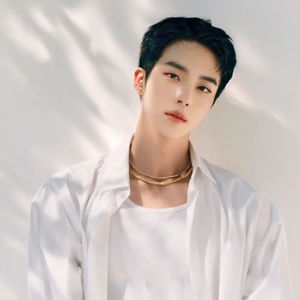 A close-up of a person wearing a white shirt and a necklace, Kim Doyoung, Hyung Tae, TaeJune Kim, Jung Jaehyun, Korean artist, hong june hyung, key still, Hyung Tae Kim, Yanjun Chengt, lee wonbin, ten reads, inspired by jeonseok lee, Kpop idol portrait, sometimes ulzzang, Jimin, jin bts, korean boy, korean boy, Kim Seokjin BTS, BTS Seokjin, Seokjin