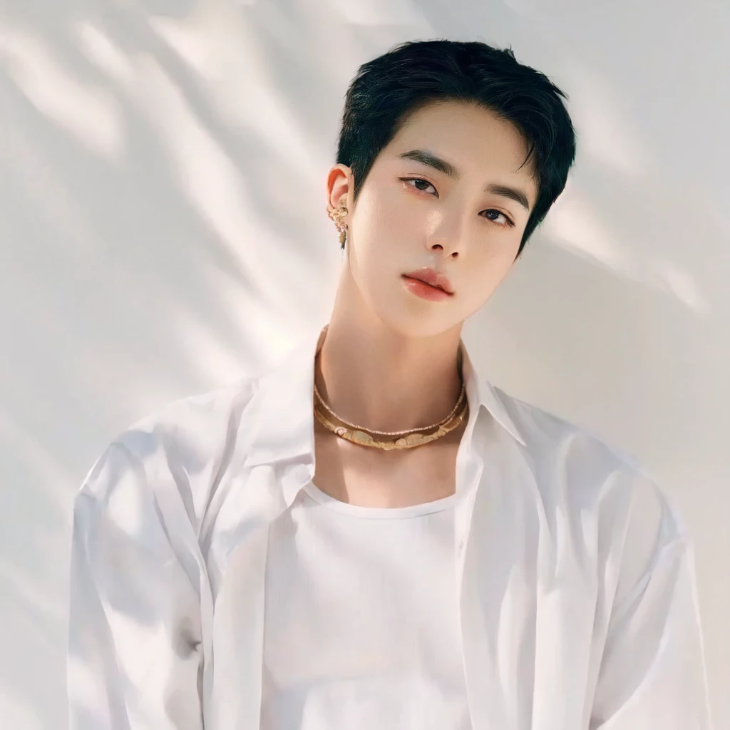 A close-up of a person wearing a white shirt and a necklace, Kim Doyoung, Hyung Tae, TaeJune Kim, Jung Jaehyun, Korean artist, hong june hyung, key still, Hyung Tae Kim, Yanjun Chengt, lee wonbin, ten reads, inspired by jeonseok lee, Kpop idol portrait, sometimes ulzzang, Jimin, jin bts, korean boy, korean boy, Kim Seokjin BTS, BTS Seokjin, Seokjin