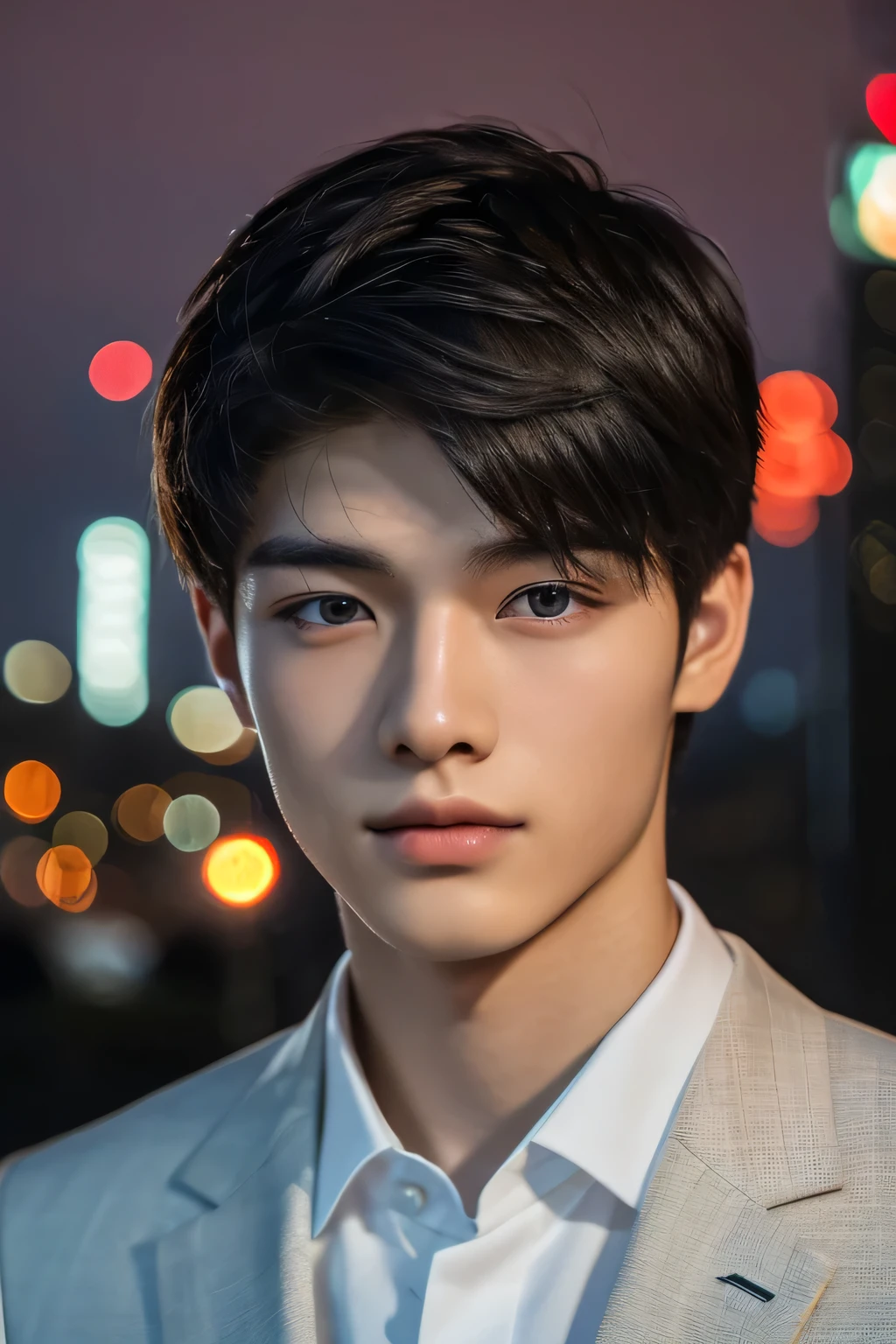Highest quality, masterpiece, Ultra-high resolution, (Realistic: 1.4), Original photo, wallpaper, Head Photo, skin, Simple Background, Iris, detailed, Selfie, 1 boy, 18-year-old, good looking, Wind,night、suit