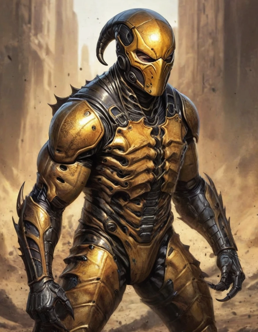 Insectoid, scorpion, comic book style, illustration, solo, ferocious, male, [[badass pose]], torn armor, masterpiece, best art, full body, by taran fiddler, detailed eyes, detailed body, claws, masculine body shape, fantasy, tall, pincers, stinger, carapace, chitinous body, mandibles, abs, pecs