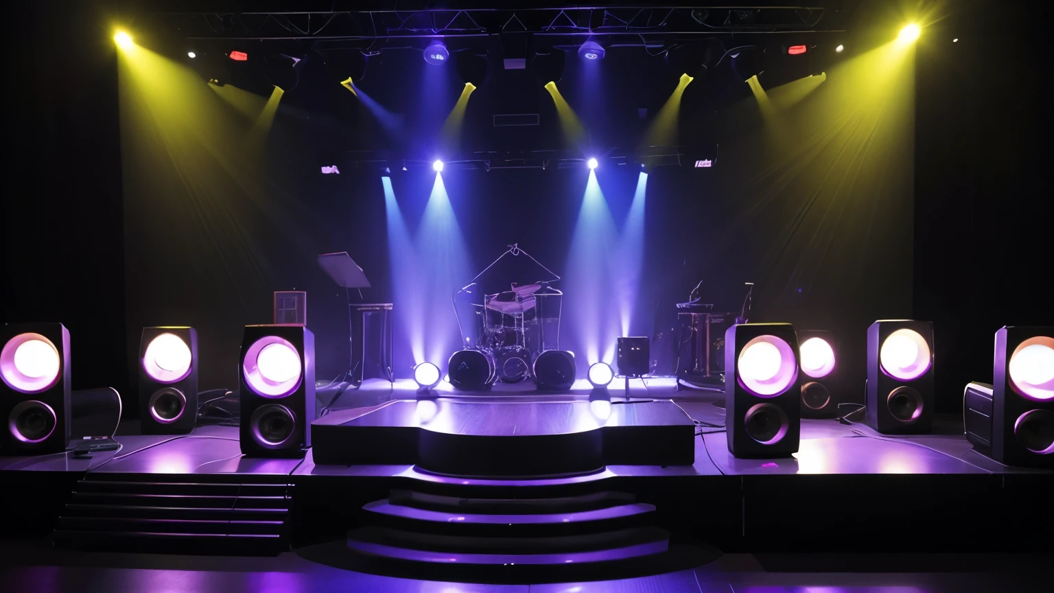 criar um ambiente de disco on 70,80s , eletronic style, stage, lights, power speakers,amplicadores de som,equelizadores, no figures no ambiente, color lights decoration, unique disco