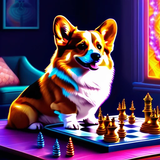 psychedelicstyle magic beamMake me a photo of cute corgi and cute cat playing chess.