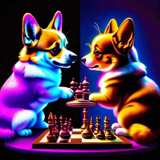 psychedelicstyle magic beamMake me a photo of cute corgi and cute cat playing chess.