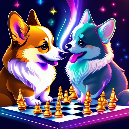 psychedelicstyle magic beamMake me a photo of cute corgi and cute cat playing chess.