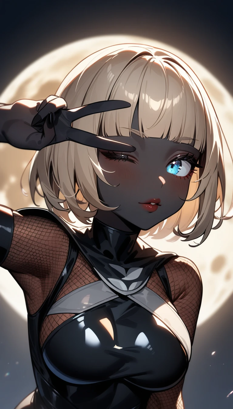 1girl,solo,super detailed skin,shiny skin,black skin,tanned skin,natural face,pale blonde hair,short hair,blunt bangs,detailed eye,close one eye,eyelashes,lips gloss,large breasts,fullbodysuit,fishnet arms,ninja clothes ,v over eye,front shot, moon focus,masterpiece,best quality,ultra detailed,high resolution,sharp focus