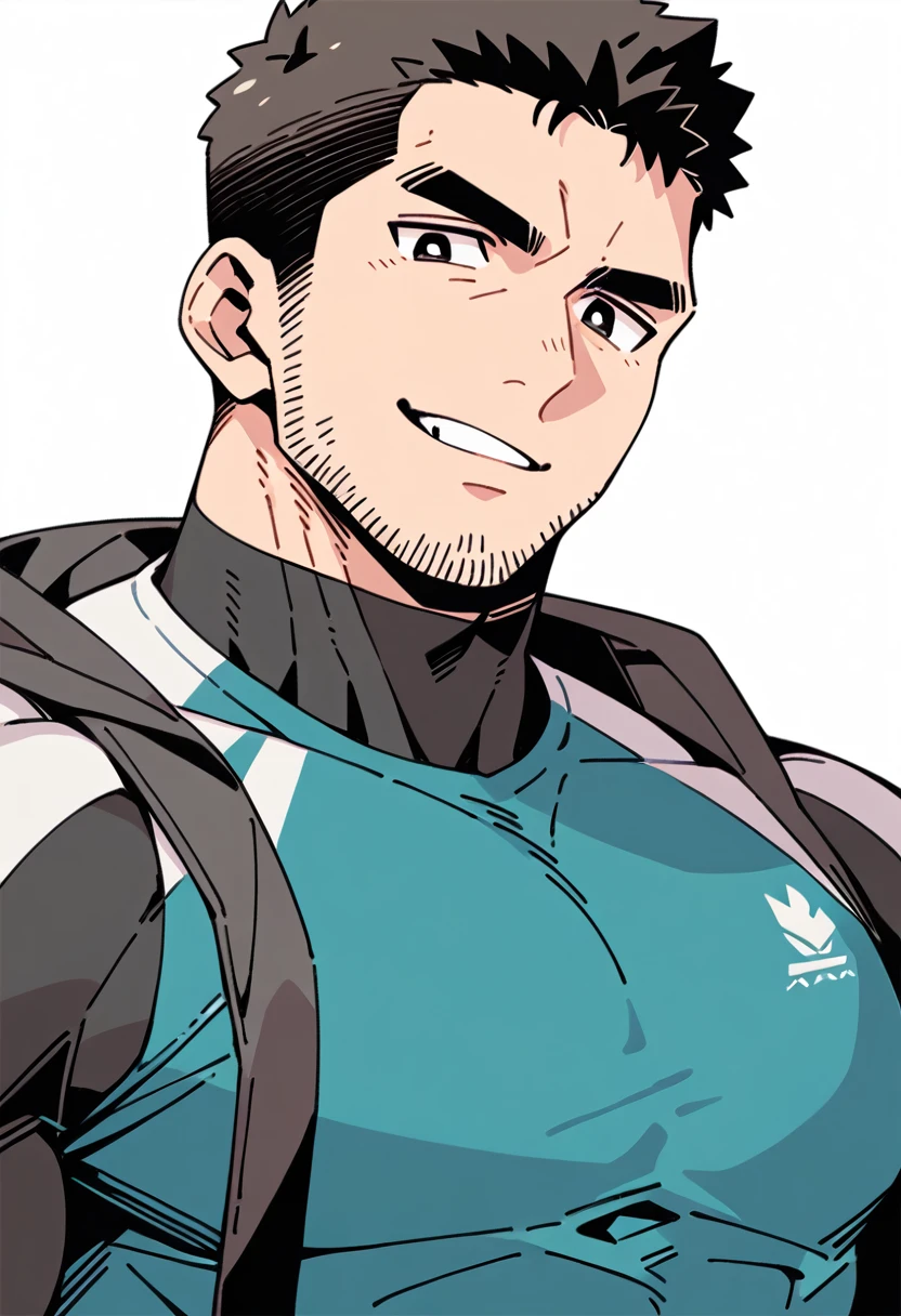 anime characters:Chris Redfield, Muscle Sports Student, Buzz Cut, Manliness, male focus, Sports tight hooded sweatshirt, Wear a black high-necked tights inside, Very tight, Huge chest muscles, muscular male, muscular, only, Upper body, alone, Red short hair, Thick eyebrows, stubble, Brown-red pupils, White background, simple background, amazing quality, best aesthetics, Ridiculous, crew cut, parted lips, smirk, bright pupils, negative space, best quality