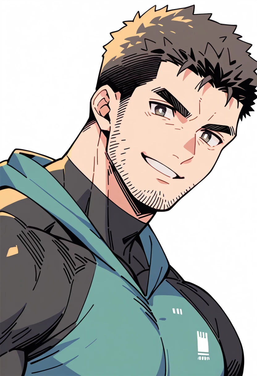 anime characters：Chris Redfield, Muscle Sports Student, Buzz Cut, Manliness, male focus, Sports tight hooded sweatshirt, Wear a black high-necked tights inside, Very tight, Huge chest muscles, muscular male, muscular, only, Upper body, alone, Red short hair, Thick eyebrows, stubble, Brown-red pupils, White background, simple background, amazing quality, best aesthetics, Ridiculous, crew cut, parted lips, smirk, bright pupils, negative space, best quality