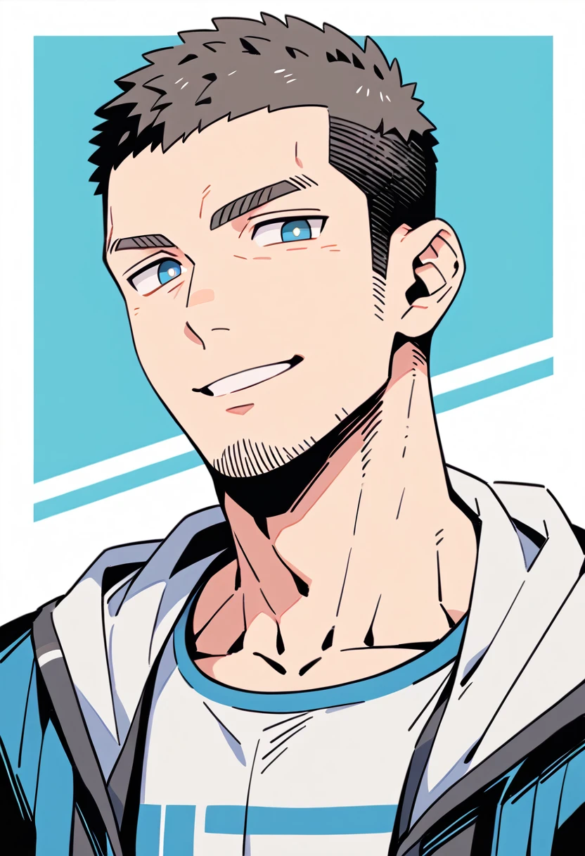 anime characters：Priapus, Muscle Sports Student, Buzz Cut, Manliness, male focus, Sports tight hooded sweatshirt, Very tight, full and perky chest muscles, muscular male, muscular, only, Upper body, alone, Red short hair, Thick eyebrows, stubble, Brown-red pupils, White background, simple background, amazing quality, best aesthetics, Ridiculous, crew cut, parted lips, smirk, bright pupils, negative space, negative space, best quality