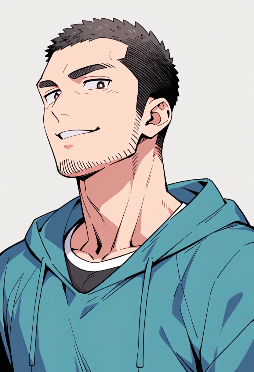 anime characters:Priapus, Muscle Sports Student, Buzz Cut, Manliness, male focus, Sports tight hooded sweatshirt, Very tight, full and perky chest muscles, muscular male, muscular, only, Upper body, alone, Red short hair, Thick eyebrows, stubble, Brown-red pupils, White background, simple background, amazing quality, best aesthetics, Ridiculous, crew cut, parted lips, smirk, bright pupils, negative space, negative space, best quality
