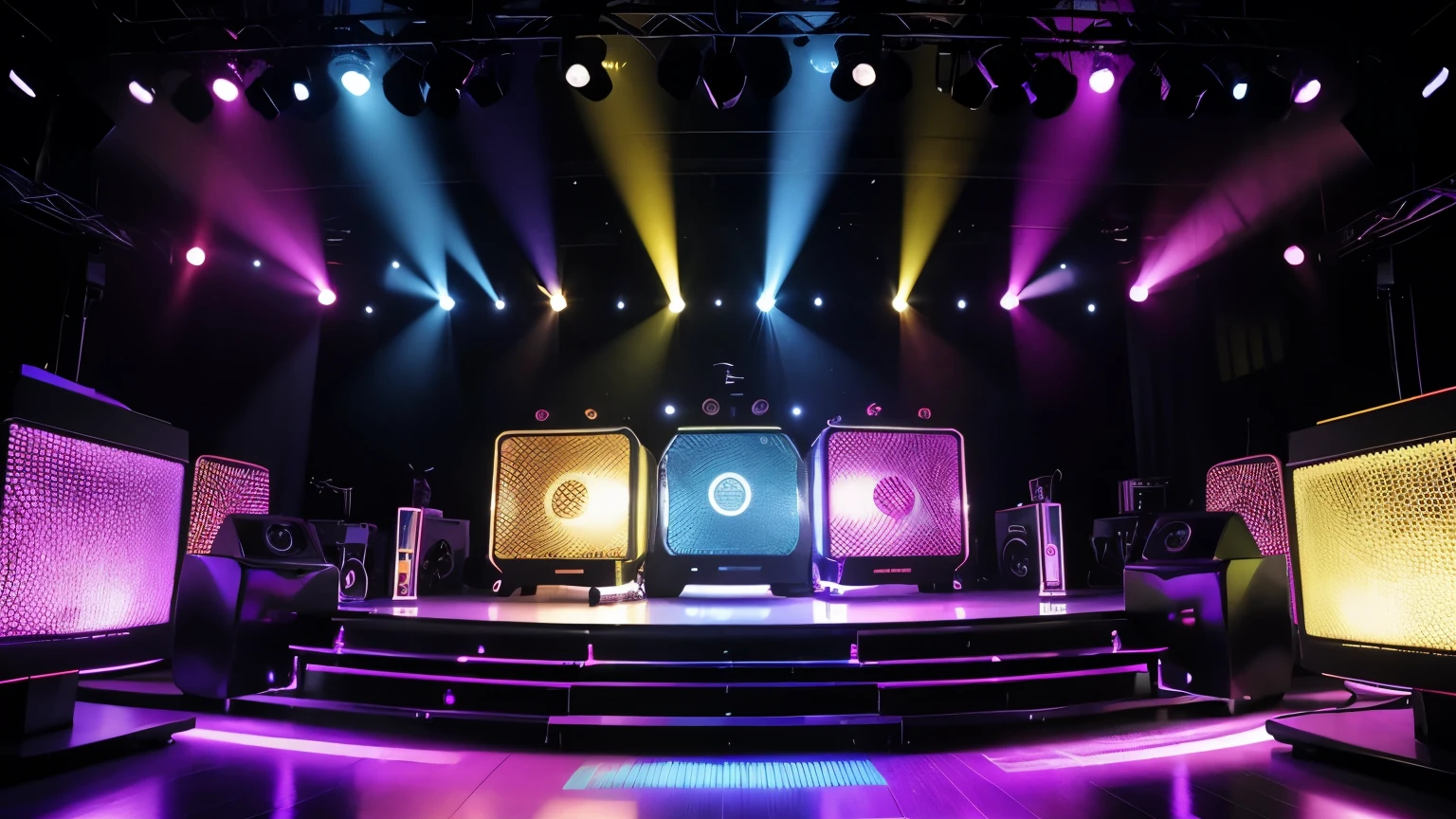criar um ambiente de disco on 70,80s , eletronic style, stage, lights, power speakers,amplicadores de som,equelizadores, no figures no ambiente, color lights decoration, unique disco