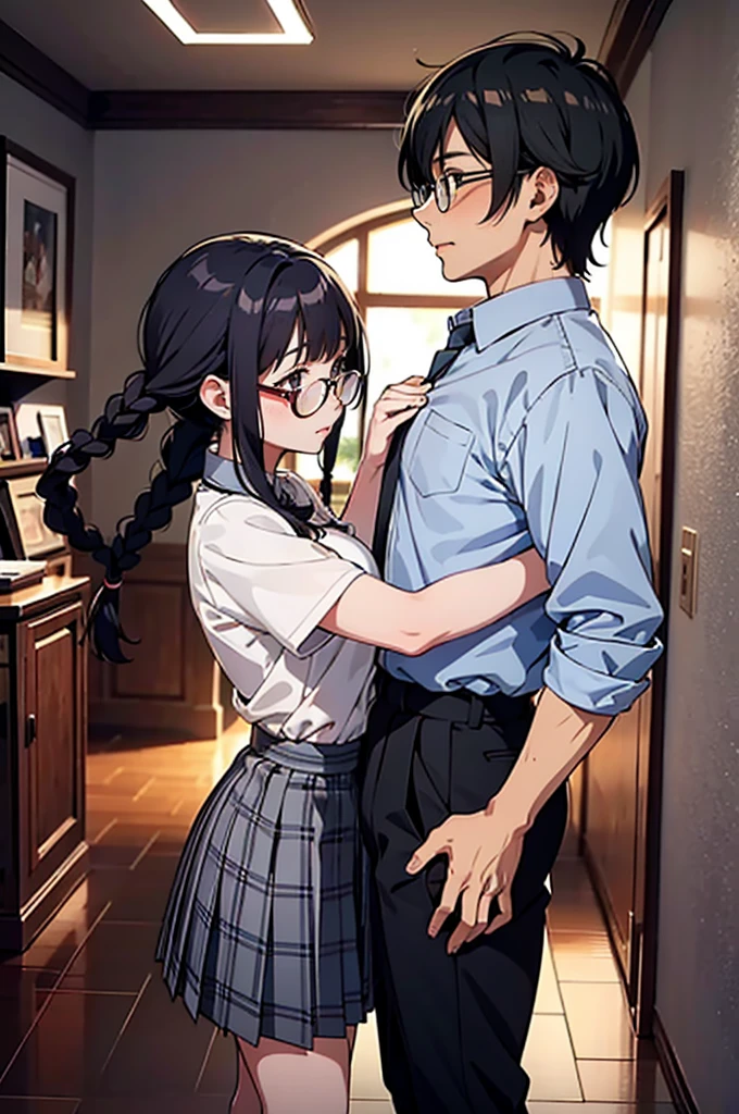 masterpiece, anime image of a man and a woman in a room,, , couple pose, a woman is bra and skirt and glasses and gray Plaid pleated skirt parted bangs, (twin braids:1.1),