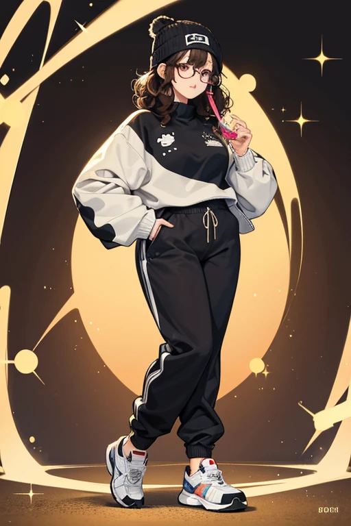 sHe has short and curly dark brown hair with front bangs, clothing details and gorgeous fashions. Her outfit is inspired by a panda. Her outfit pieces are a panda sweater, jogger pants, beanie hat, stylized glasses, and a pair of shoes. SPARKLE; GLITTER