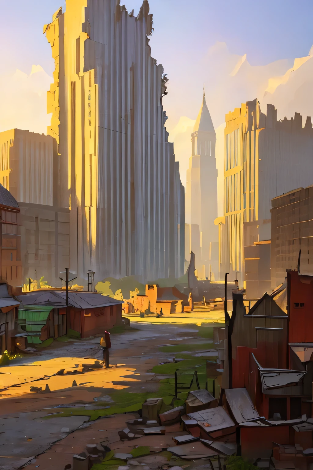 destroyed buildings, old buildings, dystopian-city, far-view, ground-level-shot, road