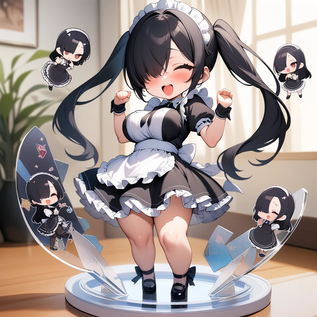 (masterpiece,best quality,very aesthetic),(ultra-detailed),super-fine illustration,high saturation,nsfw,(chibi,1girl chibi Character of acrylic stand:1.4),10yo,curvy,large breasts,twintails,hair over one eye,black hair,(maid clothes,frilled skirt,maid apron),cheerful,happy,excited,sexy pose