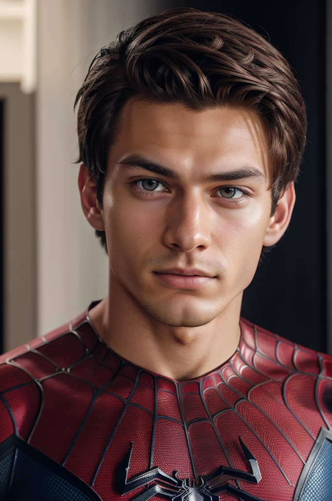 A photograph of spider man, no mask, 20 yo, handsome, detailed face, looking at camera, portrait, 8k uhd, high quality